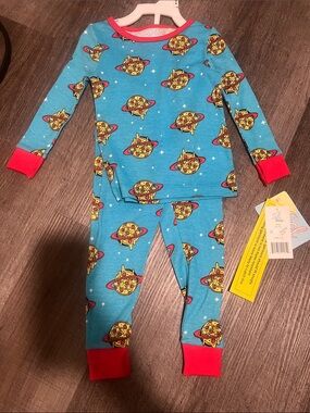 Blue & Red Kids Pajama Set with Planet Pizza Print